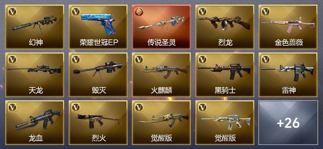 穿越火线（CF）1传说武器 17王者武器 1炫金武器 32V武器 14V角色 18皮肤 可排位