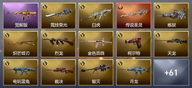 穿越火线（CF）1传说武器 14王者武器 1炫金武器 64V武器 37V角色 32皮肤 可排位