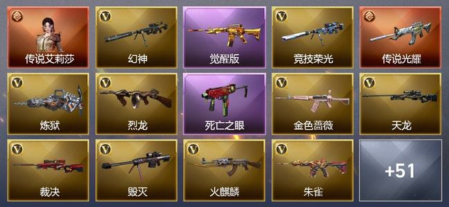 穿越火线（CF）1传说角色 1传说武器 13王者武器 3炫金武器 63V武器 34V角色 19皮肤 可排位 无