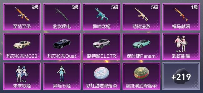 和平精英4载具 5升级枪 3粉装 2尾迹 132枪皮 87套装 48349热力 8印记 王牌