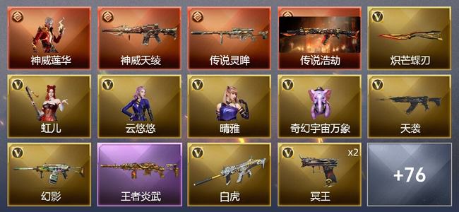 穿越火线（CF）1传说角色 3传说武器 2王者武器 76V武器 4V角色 16皮肤 可排位