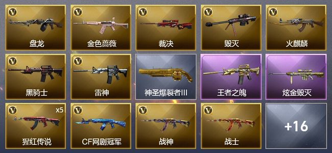 穿越火线（CF）1王者武器 1炫金武器 26V武器 2V角色 10皮肤 可排位 新锐
