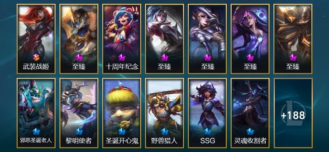 英雄联盟（LOL）1终极 6神话 4臻彩 26限定 18传说 201皮肤 28炫彩 172英雄
