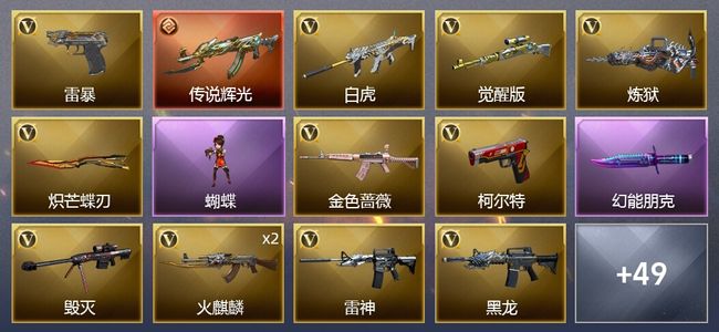 穿越火线（CF）1传说武器 1王者武器 1炫金武器 73V武器 1V角色 14皮肤 可排位 枪王