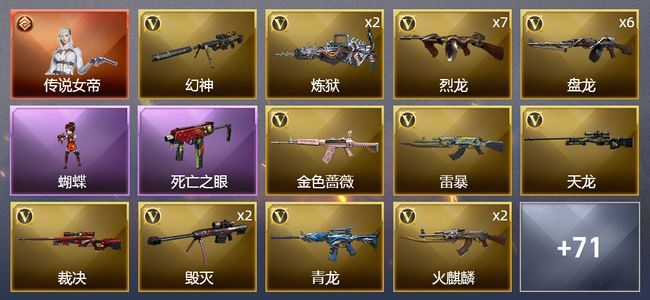 穿越火线（CF）1传说角色 9王者武器 5炫金武器 107V武器 6V角色 21皮肤 可排位