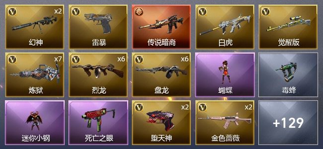 穿越火线（CF）1传说武器 15王者武器 10炫金武器 201V武器 10V角色 55皮肤 可排位 新锐