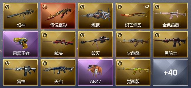穿越火线（CF）0传说角色 1传说武器 3王者武器 0炫金武器 57V武器 4V角色 10皮肤 宗师