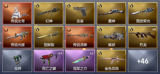 穿越火线（CF）1传说角色 2传说武器 2王者武器 2炫金武器 58V武器 2V角色 18皮肤 可排位