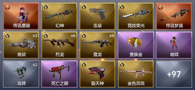 穿越火线（CF）1传说角色 1传说武器 7王者武器 4炫金武器 99V武器 6V角色 49皮肤 可排位 新锐