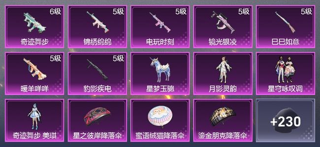 和平精英1载具 7升级枪 3粉装 1尾迹 144枪皮 106套装 43711热力 5印记