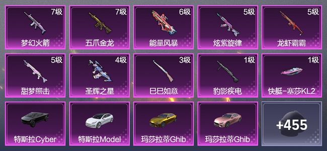 和平精英8载具 9升级枪 17粉装 5飞行器 220枪皮 216套装 98558热力 5印记 黄金