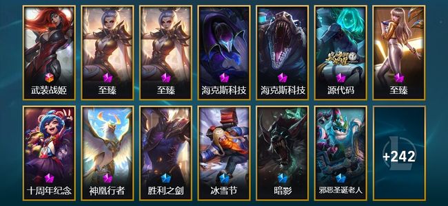 英雄联盟（LOL）1终极 8神话 6臻彩 31限定 33传说 256皮肤 57炫彩 172英雄 白银