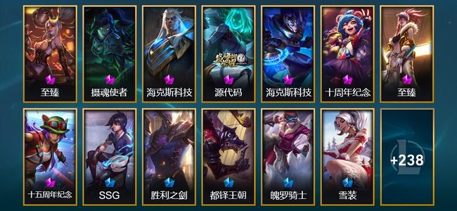 英雄联盟（LOL）10神话 12臻彩 28限定 30传说 263皮肤 143炫彩 172英雄 铂金