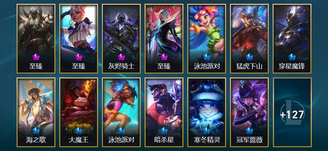 英雄联盟（LOL）2神话 8臻彩 21限定 16传说 153皮肤 96炫彩 135英雄