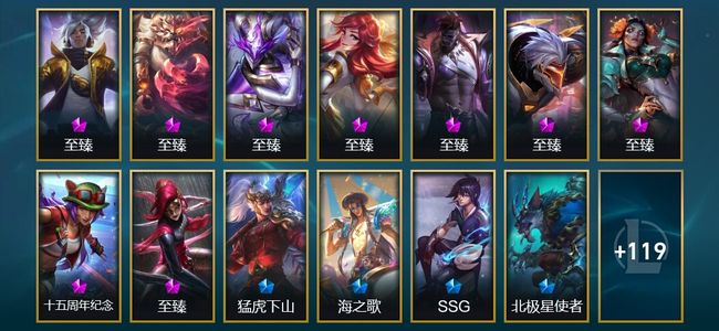 英雄联盟（LOL）1神话 6臻彩 14限定 26传说 134皮肤 66炫彩 149英雄