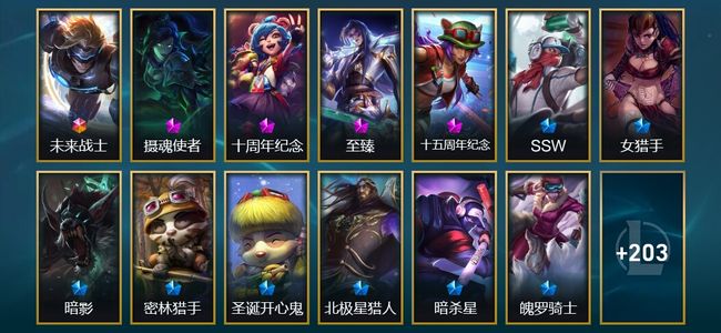 英雄联盟（LOL）1终极 2神话 6臻彩 12限定 23传说 218皮肤 23炫彩 172英雄