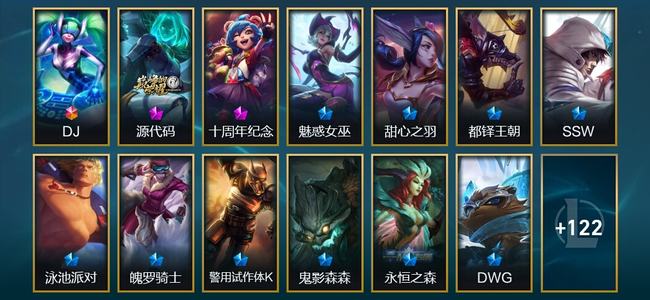 英雄联盟（LOL）1终极 2神话 4臻彩 16限定 19传说 135皮肤 31炫彩 118英雄