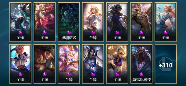 英雄联盟（LOL）4神话 19臻彩 46限定 57传说 404皮肤 373炫彩 172英雄