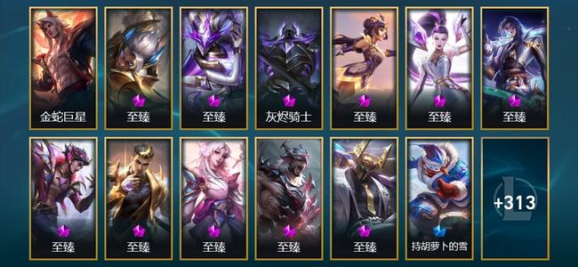 英雄联盟（LOL）1卓越 4圣堂 3终极 11神话 39臻彩 125限定 125传说 1241皮肤 489炫彩