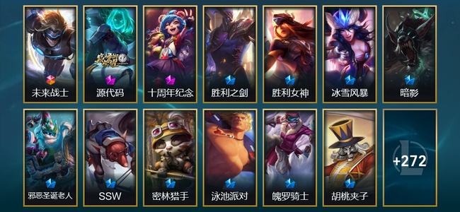 英雄联盟（LOL）1终极 2神话 1臻彩 27限定 24传说 287皮肤 60炫彩 171英雄