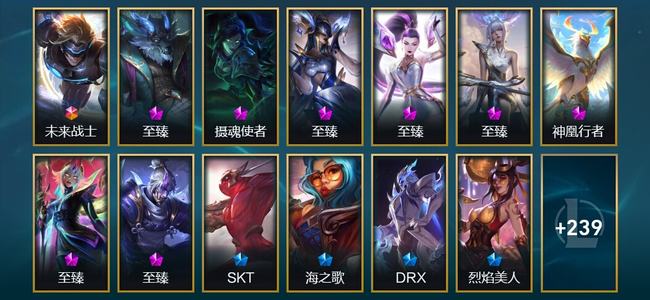 英雄联盟（LOL）1终极 2神话 13臻彩 17限定 30传说 253皮肤 131炫彩 173英雄