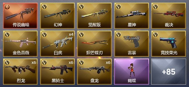 穿越火线（CF）1传说武器 3王者武器 125V武器 3V角色 23皮肤 可排位 枪王