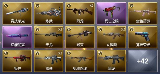 穿越火线（CF）1王者武器 2炫金武器 59V武器 1V角色 21皮肤 可排位 宗师