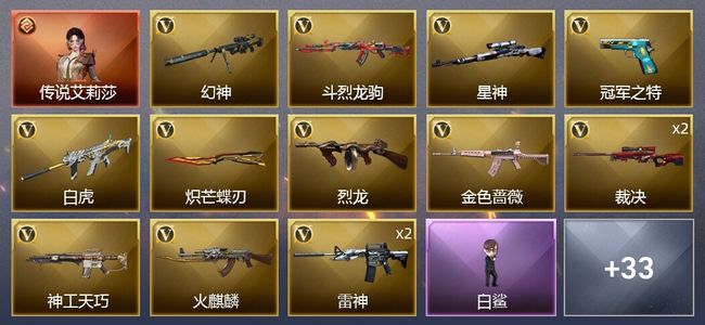 穿越火线（CF）1传说角色 2王者武器 55V武器 4V角色 25皮肤 可排位