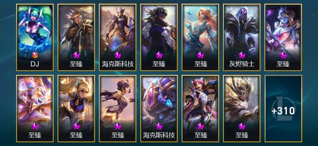 英雄联盟（LOL）1终极 4神话 9臻彩 40限定 35传说 371皮肤 68炫彩 172英雄