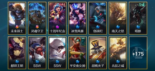 英雄联盟（LOL）2终极 1神话 27限定 18传说 189皮肤 13炫彩 143英雄