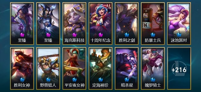 英雄联盟（LOL）1神话 7臻彩 19限定 20传说 229皮肤 34炫彩 172英雄