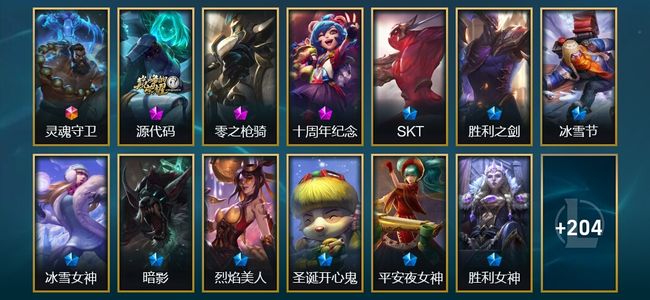 英雄联盟（LOL）1终极 2神话 2臻彩 19限定 27传说 218皮肤 27炫彩 172英雄