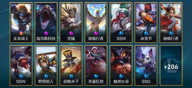 英雄联盟（LOL）1终极 1神话 10臻彩 26限定 10传说 220皮肤 53炫彩 173英雄