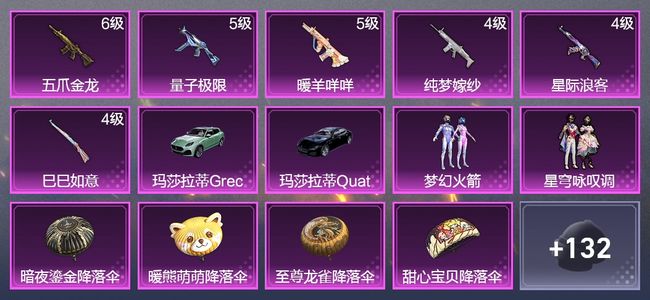 和平精英2载具 6升级枪 2粉装 94枪皮 52套装 29205热力 1印记 黄金
