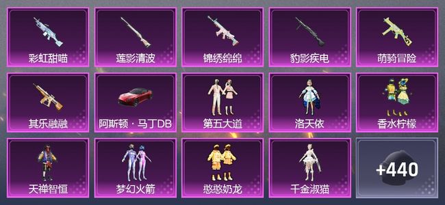 和平精英1载具 6升级枪 7粉装 5尾迹 298枪皮 253套装 96789热力 12印记