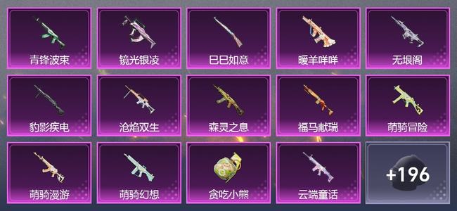 和平精英17升级枪 4粉装 1尾迹 225枪皮 150套装 64093热力 8印记