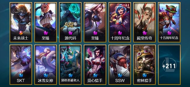 英雄联盟（LOL）1终极 6神话 2臻彩 33限定 23传说 52史诗 224皮肤 36炫彩 170英雄