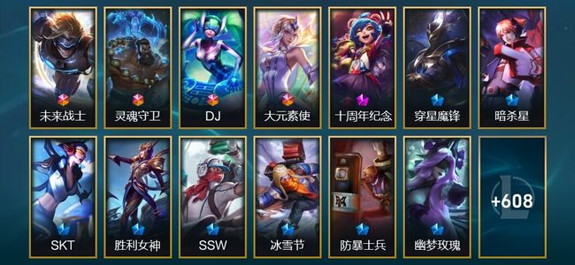 英雄联盟（LOL）4终极 1神话 8臻彩 142限定 51传说 621皮肤 106炫彩 172英雄