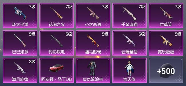 和平精英1载具 11升级枪 15粉装 5尾迹 273枪皮 245套装 98430热力 17印记 传奇王牌