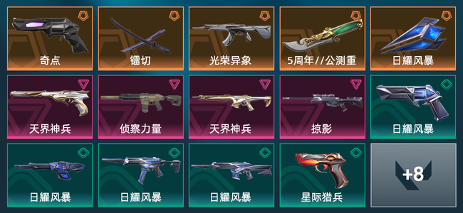 无畏契约5橙皮 4紫皮 22皮肤 15300皮肤总价值 365已用源晶 黄金