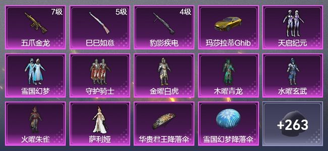 和平精英1载具 3升级枪 8粉装 1飞行器 168枪皮 133套装 57439热力 5印记 王牌