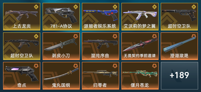 无畏契约6金皮 3橙皮 14紫皮 203皮肤 85240皮肤总价值 2325已用源晶 白银