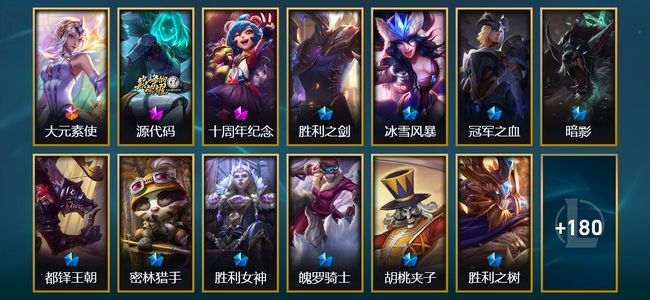 英雄联盟（LOL）1终极 2神话 1臻彩 28限定 15传说 54史诗 193皮肤 39炫彩 170英雄 白银