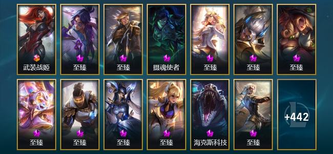 英雄联盟（LOL）1终极 26神话 19臻彩 70限定 50传说 455皮肤 176炫彩 171英雄