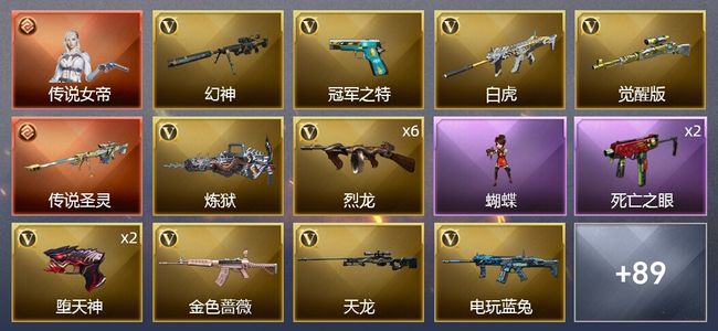 穿越火线（CF）1传说角色 1传说武器 3王者武器 4炫金武器 124V武器 6V角色 37皮肤 可排位 新锐