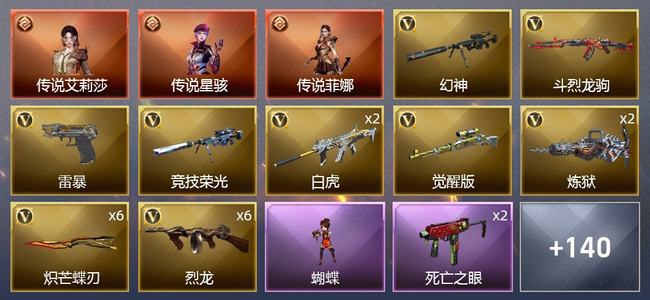 穿越火线（CF）3传说角色 3传说武器 4王者武器 6炫金武器 151V武器 16V角色 36皮肤 可排位