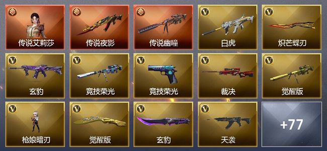 穿越火线（CF）1传说角色 2传说武器 3王者武器 1炫金武器 93V武器 5V角色 32皮肤 可排位 传奇