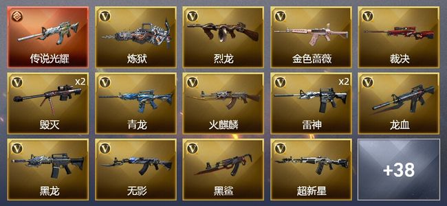 穿越火线（CF）1传说武器 2王者武器 3炫金武器 39V武器 2V角色 18皮肤 可排位 新锐