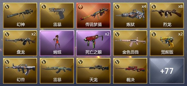 穿越火线（CF）1传说武器 10王者武器 4炫金武器 107V武器 5V角色 17皮肤 可排位 枪王
