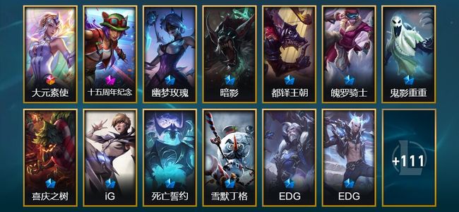 英雄联盟（LOL）1终极 1神话 5臻彩 21限定 20传说 124皮肤 71炫彩 172英雄